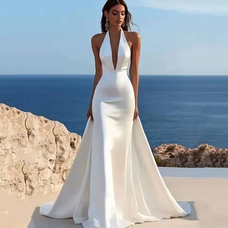 Elegant Satin V-Neck Wedding Dress Mermaid Sleeveless Backless Bridal Gowns Classic Boho Halter Bride Dress Customized