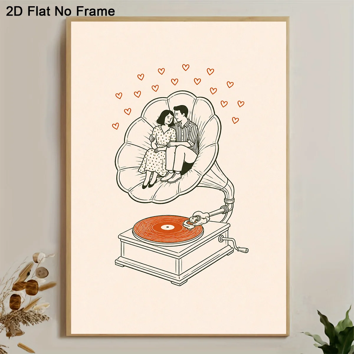 2D Flat, 2D Flat 1pc Frameless Canvas Poster Vintage Phonograph with Couple Sitting Inside Horn Surrounded by Hearts Romantic