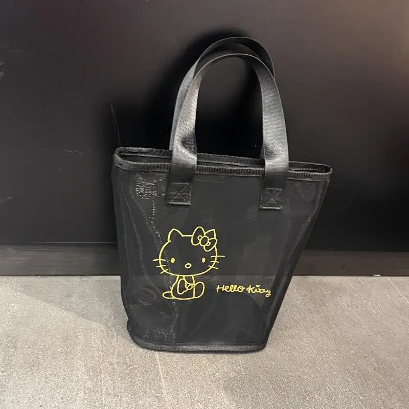 Bolso de mano transparente de malla Hello Kitty, bolso sencillo para mujer, versátil, informal, para maquillaje, neceser, con drenaje