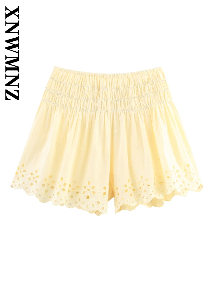 

XNWMNZ 2025 летние женские шикарные простые эластичные ленты с высокой талией, модные женские желтые брюки с вышивкой, повседневные шорты