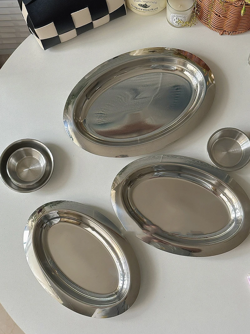 Vintage Stainless Steel Oval Plate Breakfast Bread Salad Disc Round Dipping Saucer Afternoon Tea Cake Treat Dish Storage Tray