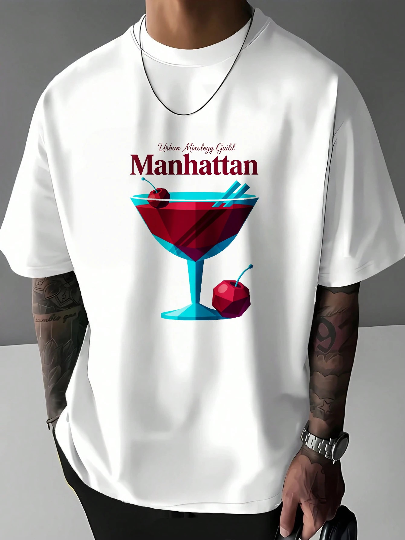 Mens Manhattan Cocktail Graphic T Shirt Low Poly Cherry Drink Print Short Sleeve Crew Neck Casual Cotton Male Daily Tee