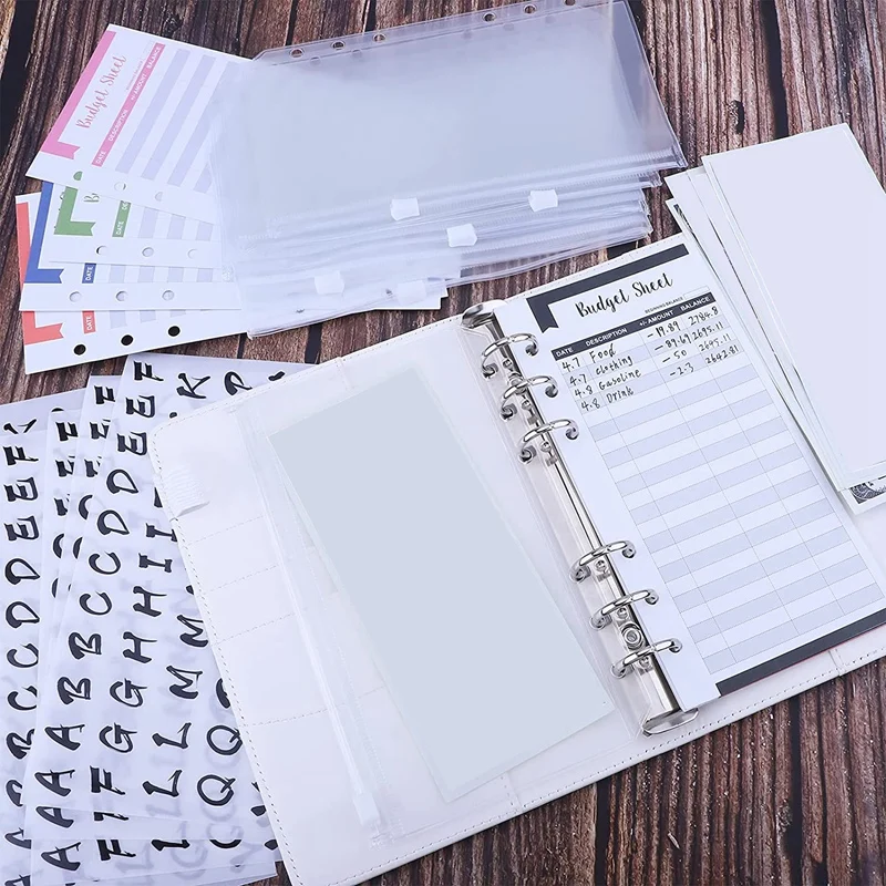 A6 PU Binder Cover With A6 Binder Pockets Expense Budget Sheets Sticker Labels For Money Saving Cash Envelopes System