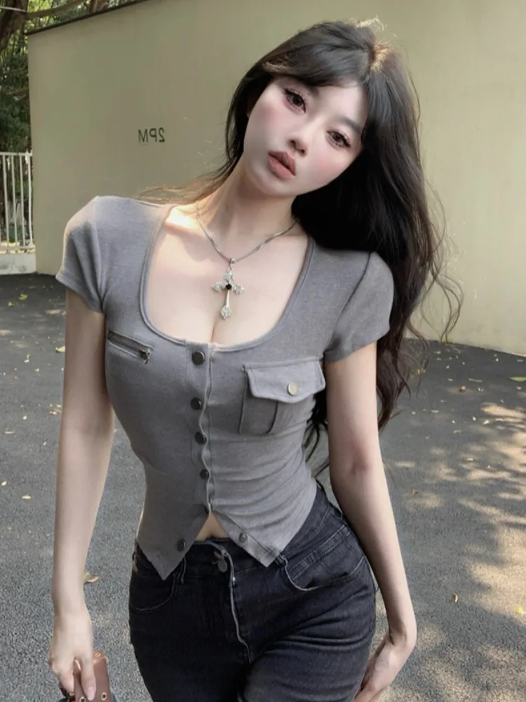 

Slim Fit Short Sleeve T-Shirt Women's Summer New Style Pure Desire Waist Cinching Casual U-Neck Single Button Hot Girl Style