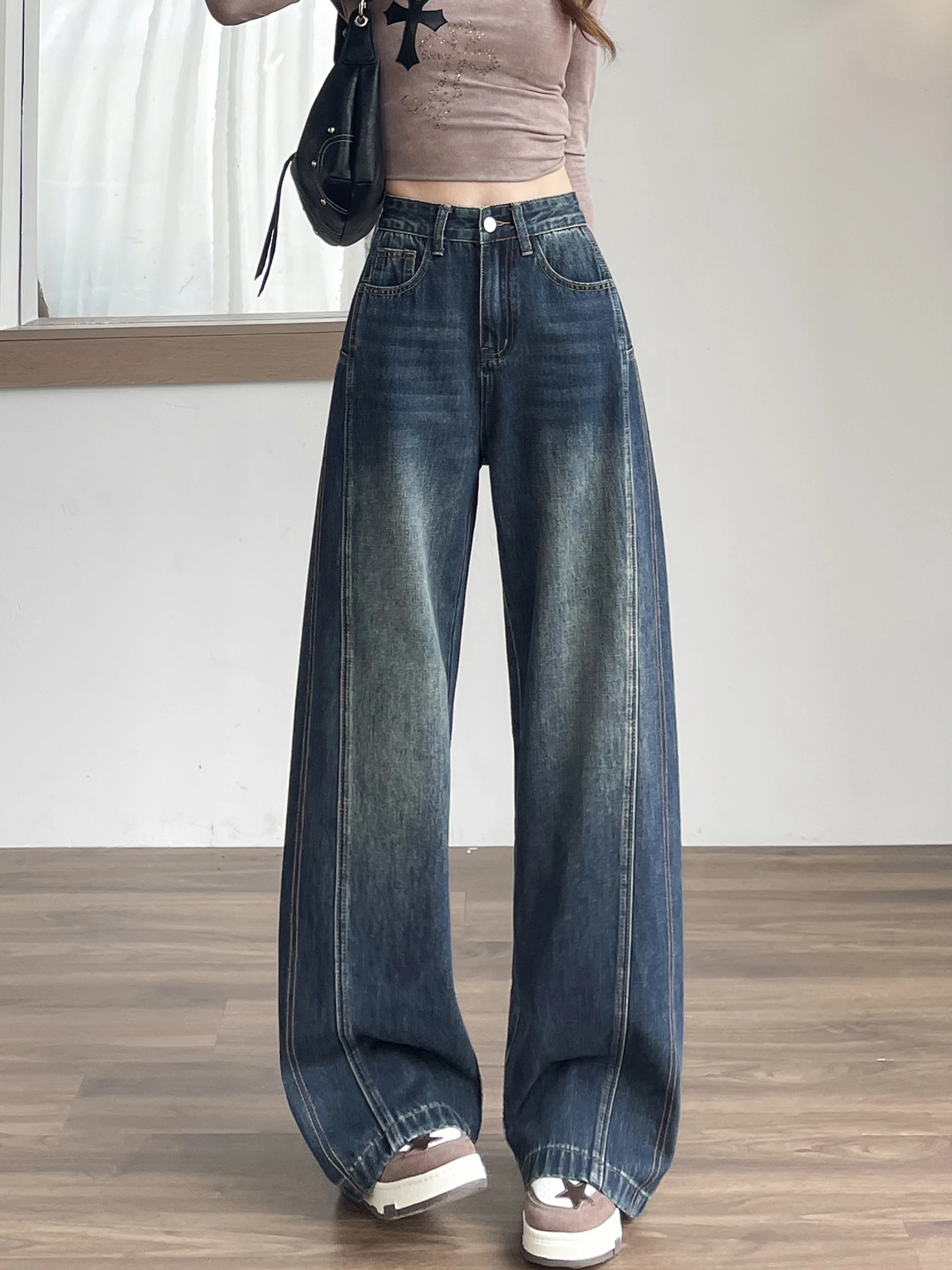 Thiened Fce ハイウエストベルボトムジーンズ女性冬新作スレブルーウェッドデニムルーズロングパンツ通勤ファション