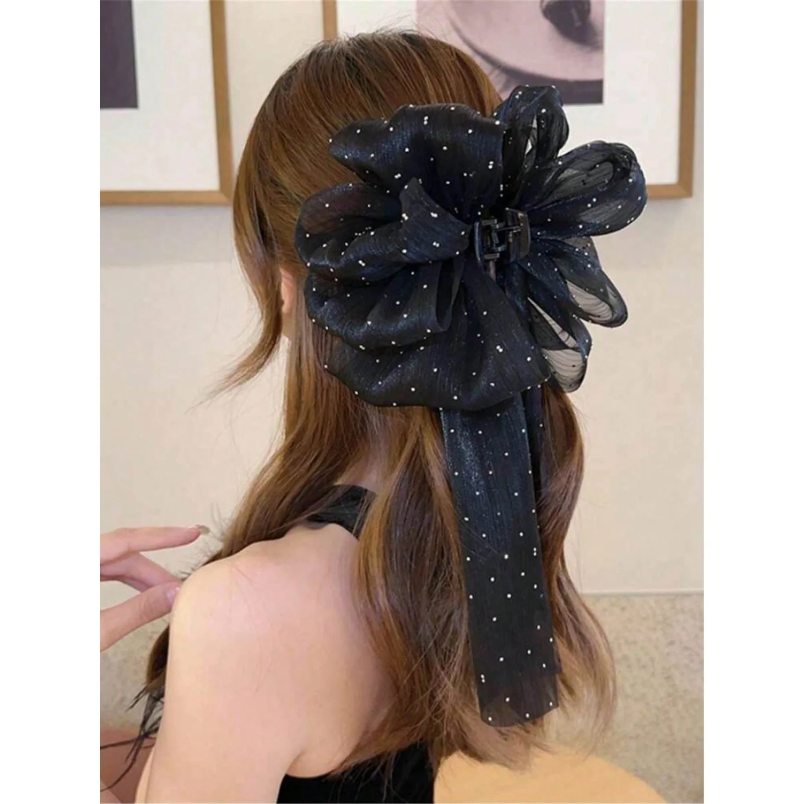 1PC Elegant and Grand Black Starry Sky Bow Hair Clip, Suitable for Balls and Party Occasions, with Polka Dots