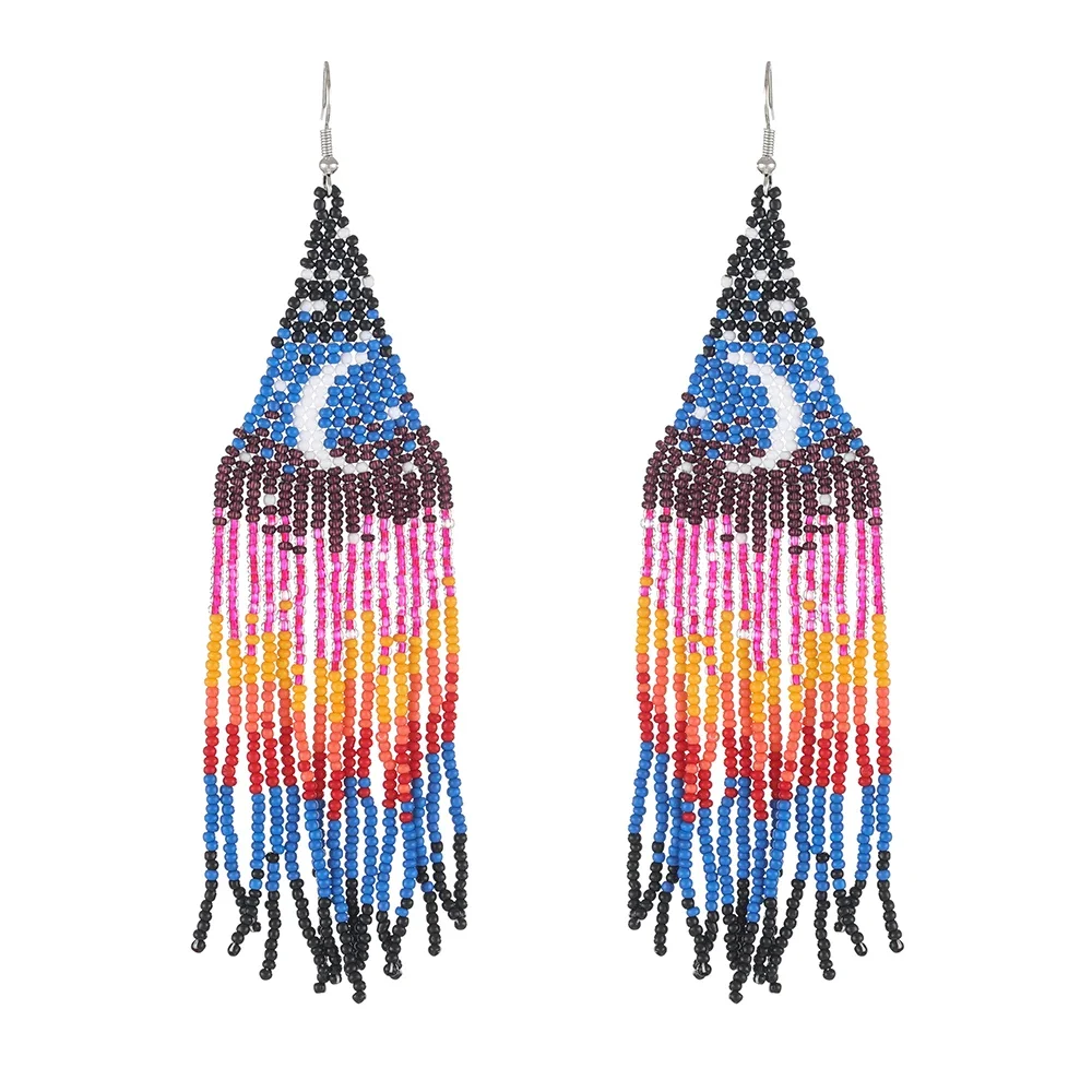 

Rice bead earrings Tassel Sunrise Moon Dissymmetry Versatile Design Hand knitting Bohemia Fashion Female Beaded earrings