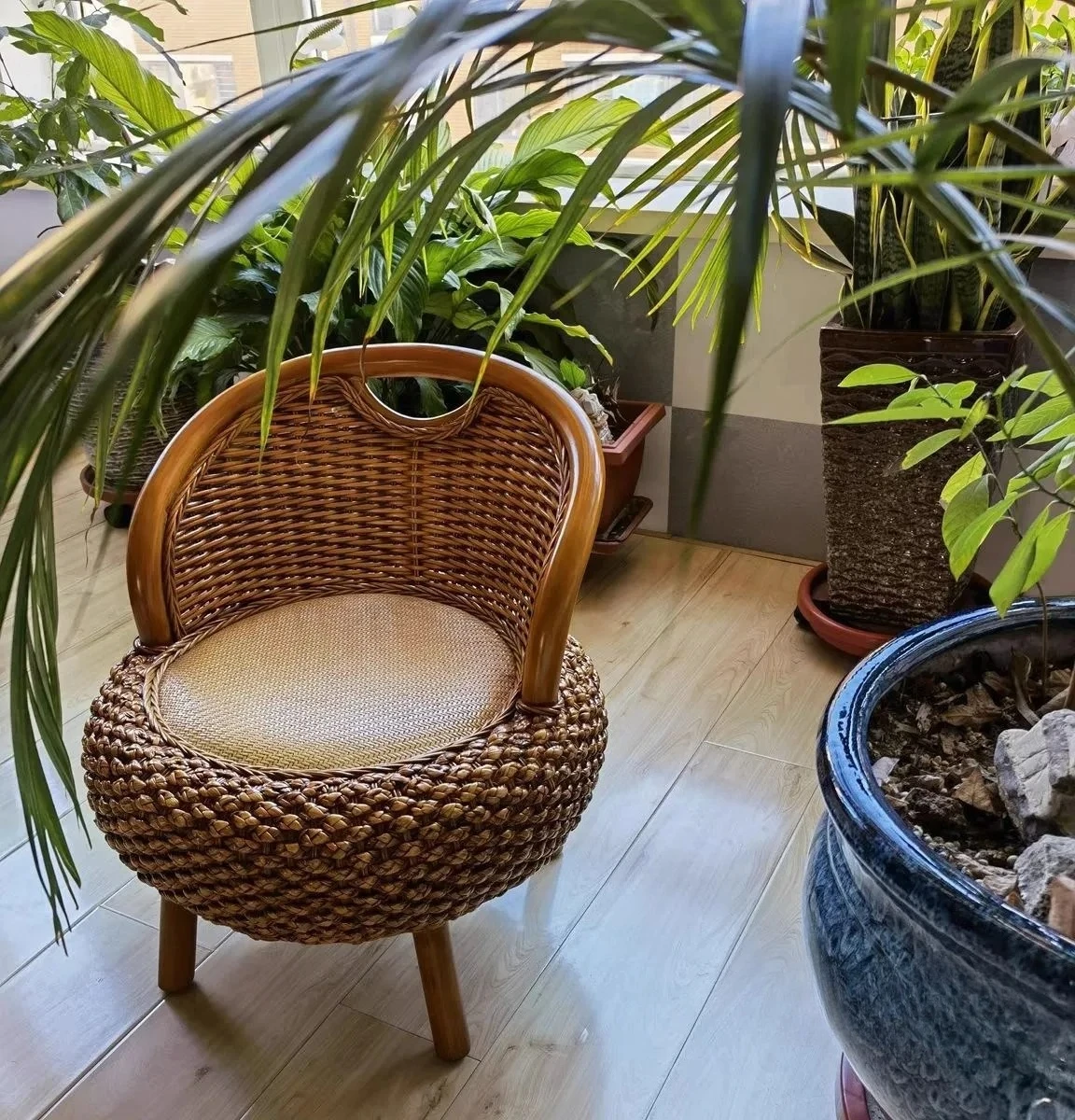 3 Piece Rattan Chair Set for Balcony Small Wicker Pumpkin Chair Round Woven Tea Table Outdoor Leisure Seating for Elderly