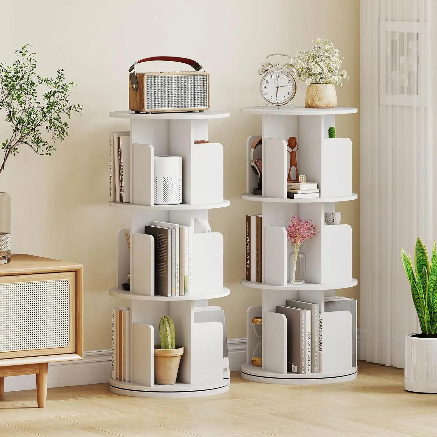 3-Tier Rotating Bookshelf 2-Pack, 360° Display Rack W/Dividers, Narrow Bookcase Organizer For Living Room Bedroom, Customized