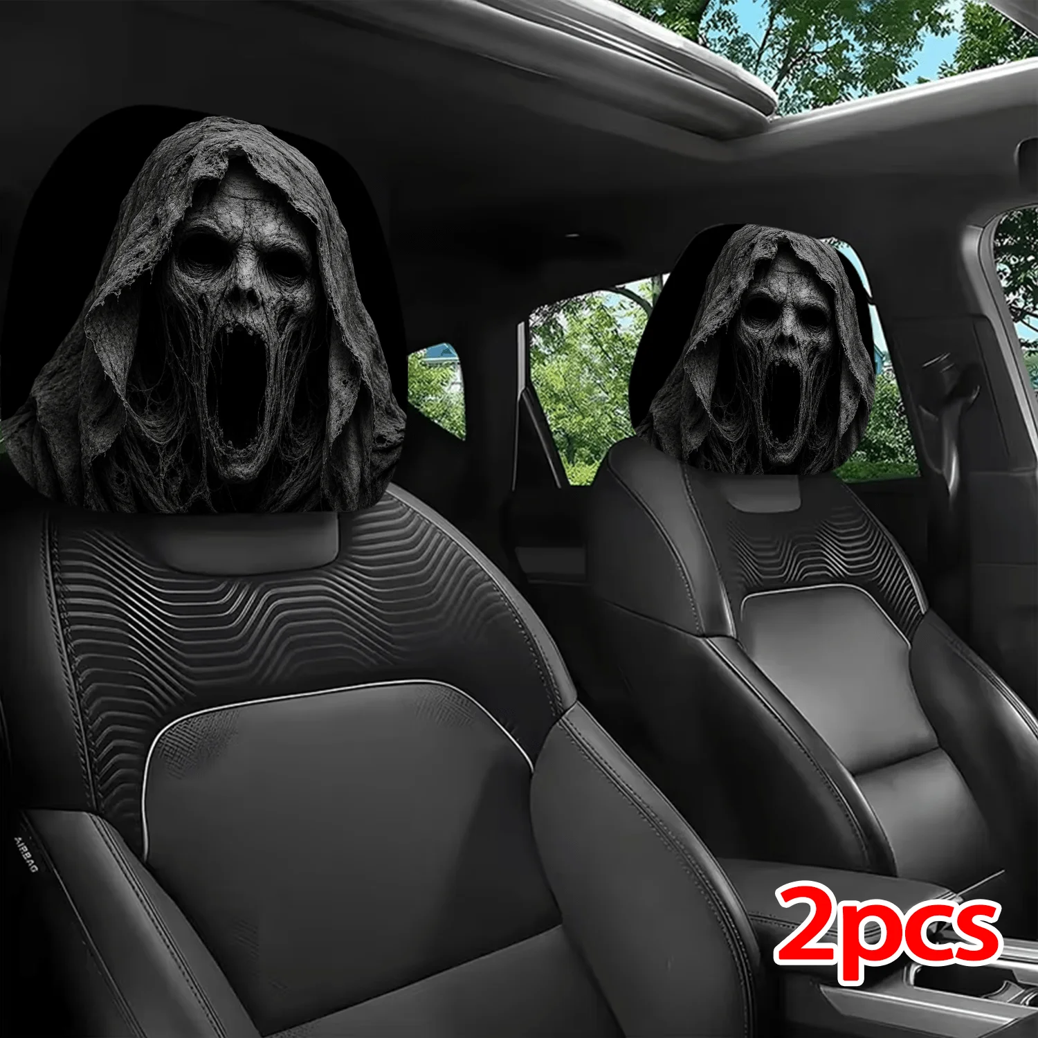 2pcs-pack of Halloween-themed skull-print car headrest covers is the perfect choice for decorating your car's interior.