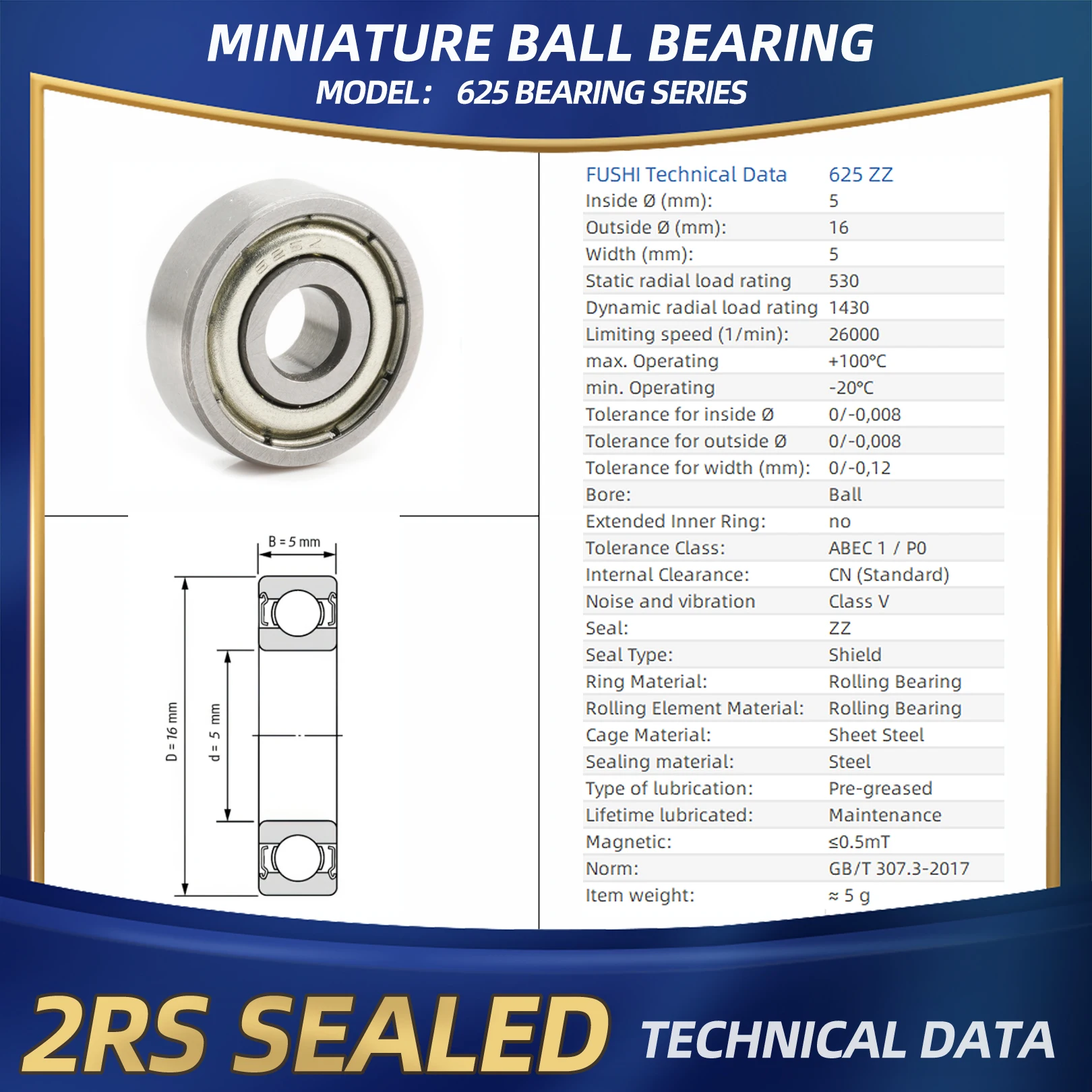 FUSHI 625zz 5x16x5 mm Stainless Steel Bearing for 3D Printers