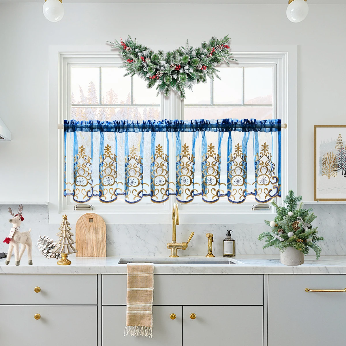 1 Stück Stickerei-Volant, süßer Volant für Fenster und Schrank, Weihnachtsdekoration, Stangentasche, halber transparenter Küchenvorhang