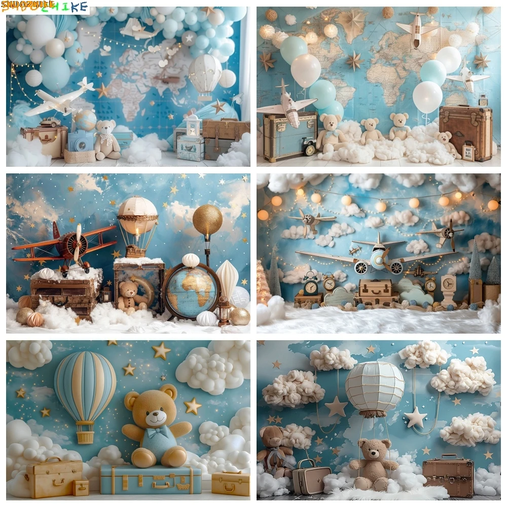 

Airplane Adventure Awaits Baby Kids Portrait Backdrop Blue Sky White Clouds Boys 1st Birthday Party Decor Photography Background