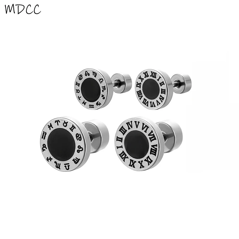 0.8/1mm Dia Vintage Stud Earrings For Women Men Stainless Steel Post Roman Numbers Circle Pierced Earrings Jewelry Gifts