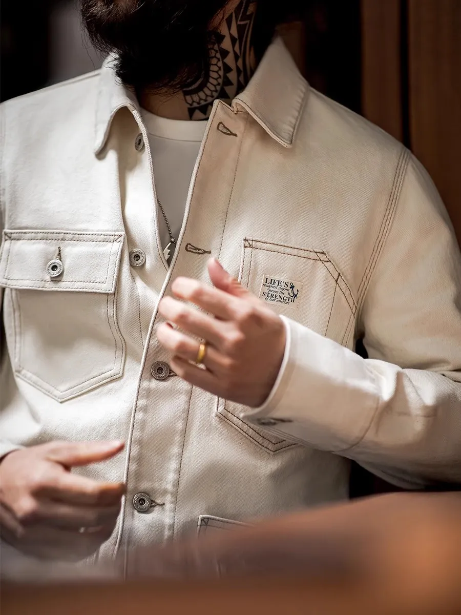 

Maden Retro American Sle Cotton Seed ell Jaet Men's Multi-ket Ame i Spring Outerwear Long Sve Youth Faion