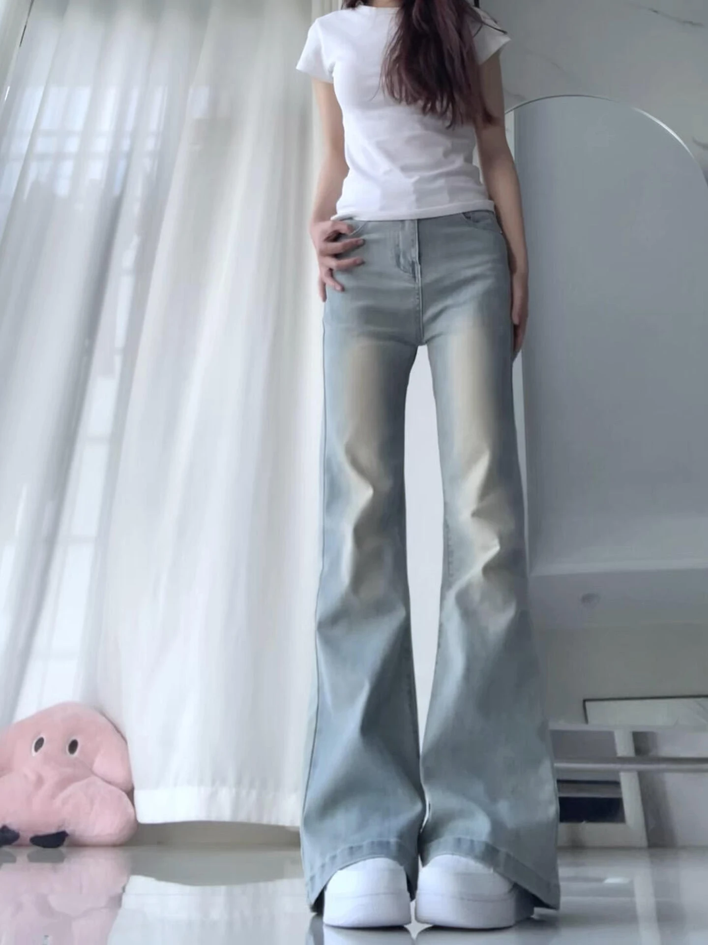 

Retro American Light Blue Washed Bell Bottom Jeans Women's Summer Elastic Slimming Wide Leg Pants High Waist Cotton Stretch D...