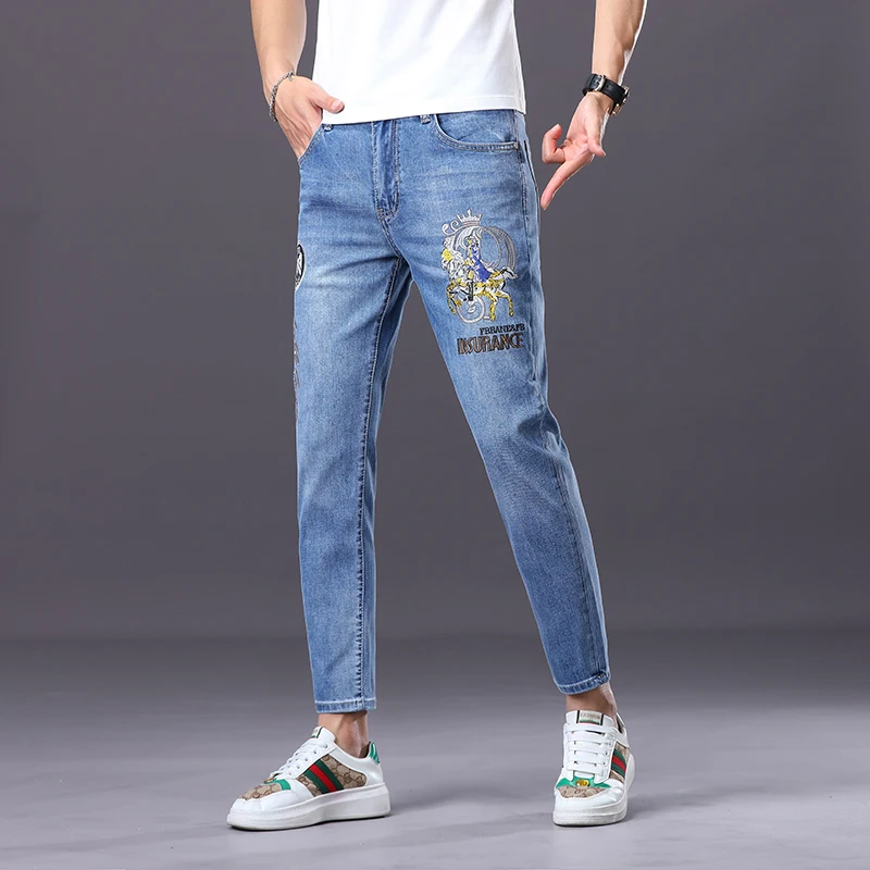 

CJB8840 Europe and the United States high street trend versatile casual embroidery Slim elastic small straight leg jeans