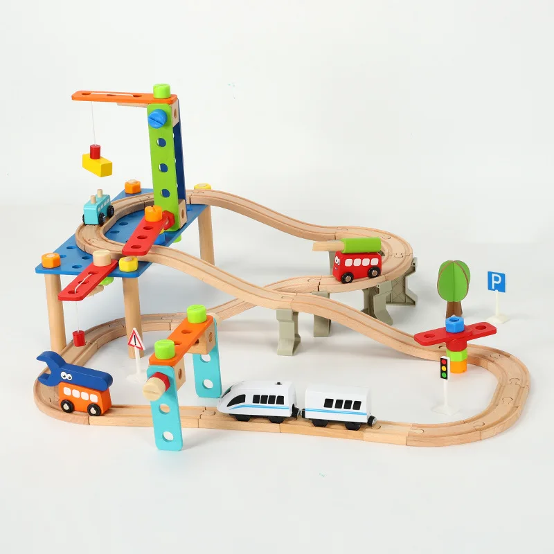 94pcs Electric Car Rail Set Toy Wooden Nut Rail Car Disassembly Combination Diy Building Blocks Kids Train Box Gift 1:64 Pd16