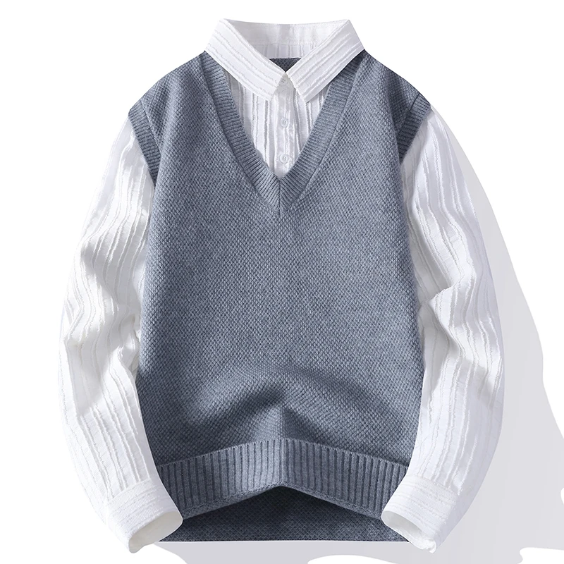 Fake Two-piece Sweater Men's Autumn and Winter Shirt Collar Knitted Vest Casual Interior High-grade Wool Top for Teenagers