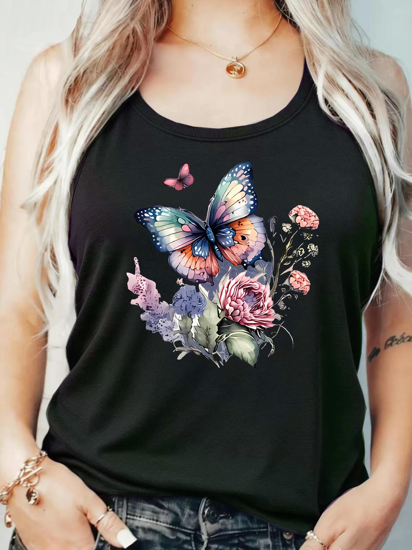 

Loose Fit Printed Pocket T-Shirt for Women with Ribbed Collar round Neck 1-8XL plus Size Comfortable Casual Vest