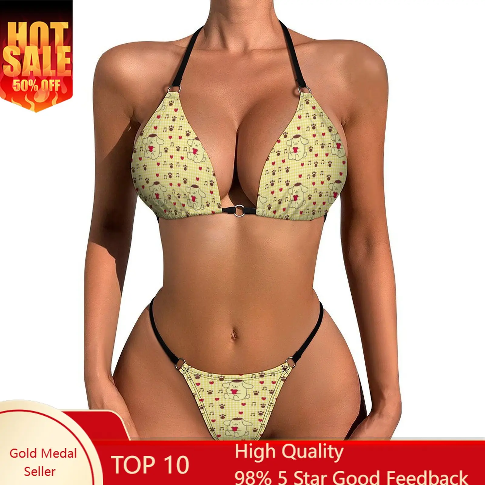 

Pompompurin Bikini Swimsuits Womans Two Piece Sexy Bikini Set Sanrio Adjustable Ties Bathing Suit Soft Cartoon Bra and Thongs