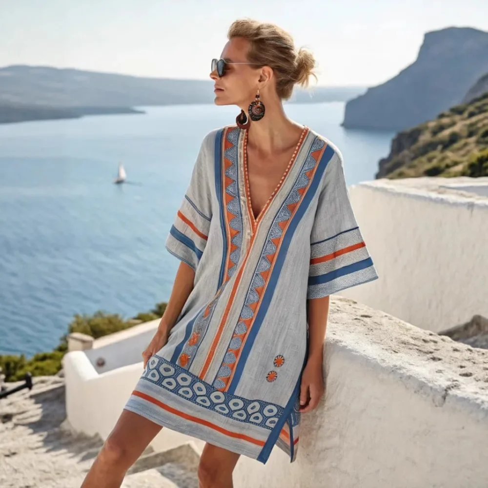 Abito da donna estivo minimalista con scollo a V Abito da donna bianco a maniche corte con tasca Abito casual ampio da donna Mini abito con stampa Boho