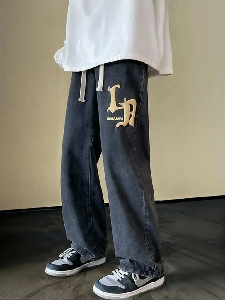 Vintage Puffed Printed Baggy Jeans Men Streetwear Wide Leg Jeans Denim Pants Korean Straight Elastic waist Casual Trousers