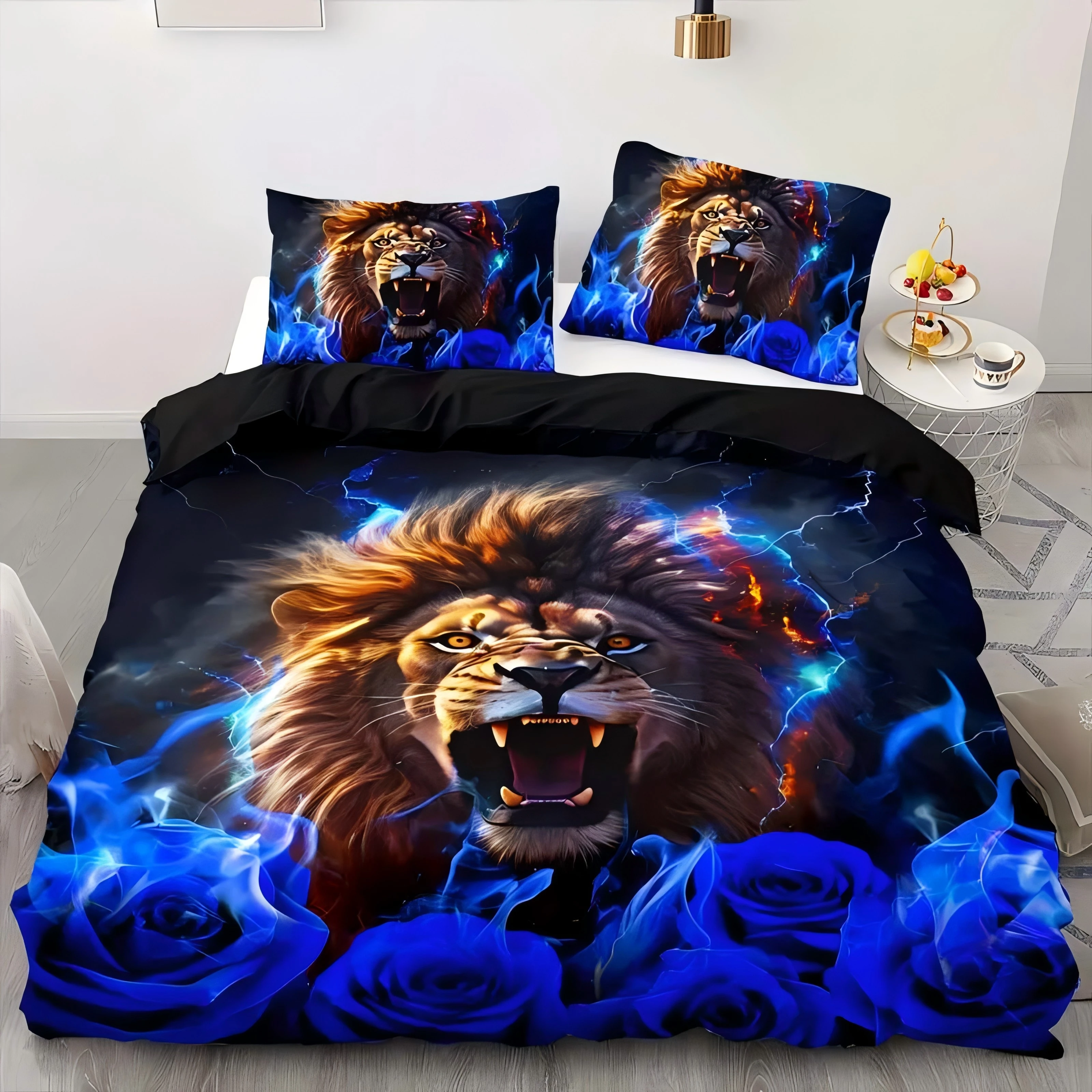 Animal 3D Printed Quilt Cover Set Blue Red Rose Lightning Lion Bedding Set Home Textiles Animal Theme Duvet Cover Pillowcase