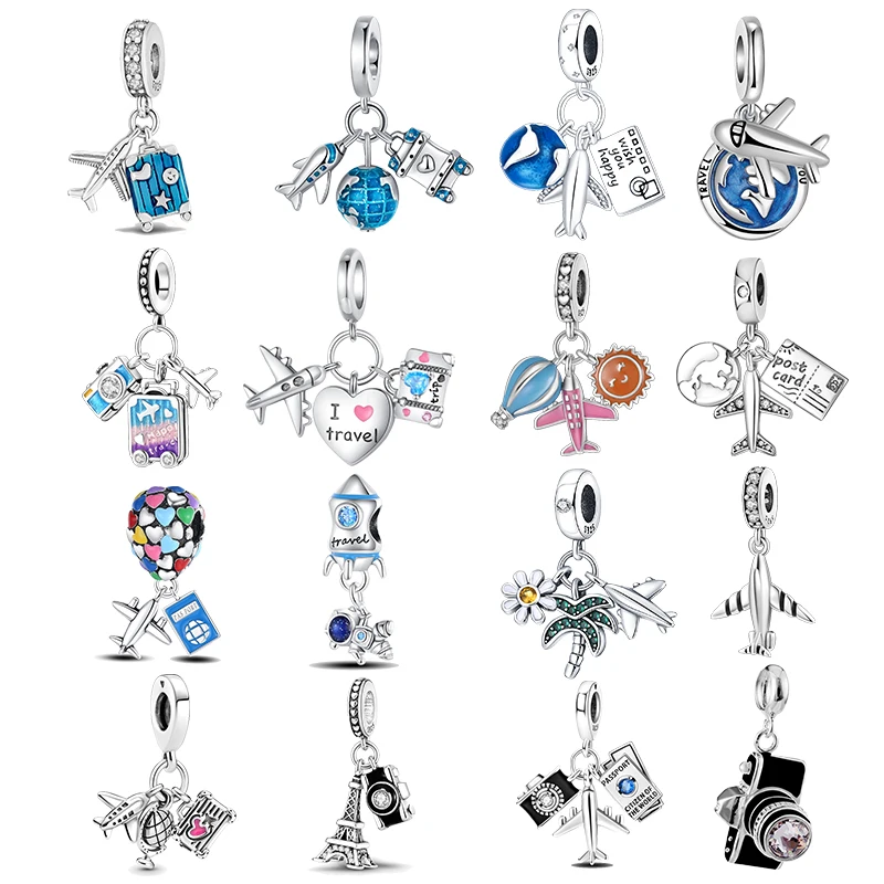 

925 Sterling Silver Blue Airplane Camera Suitcase Pendant Fit Original Pandora Bracelet Charm Bead Necklace Diy Female Jewelry