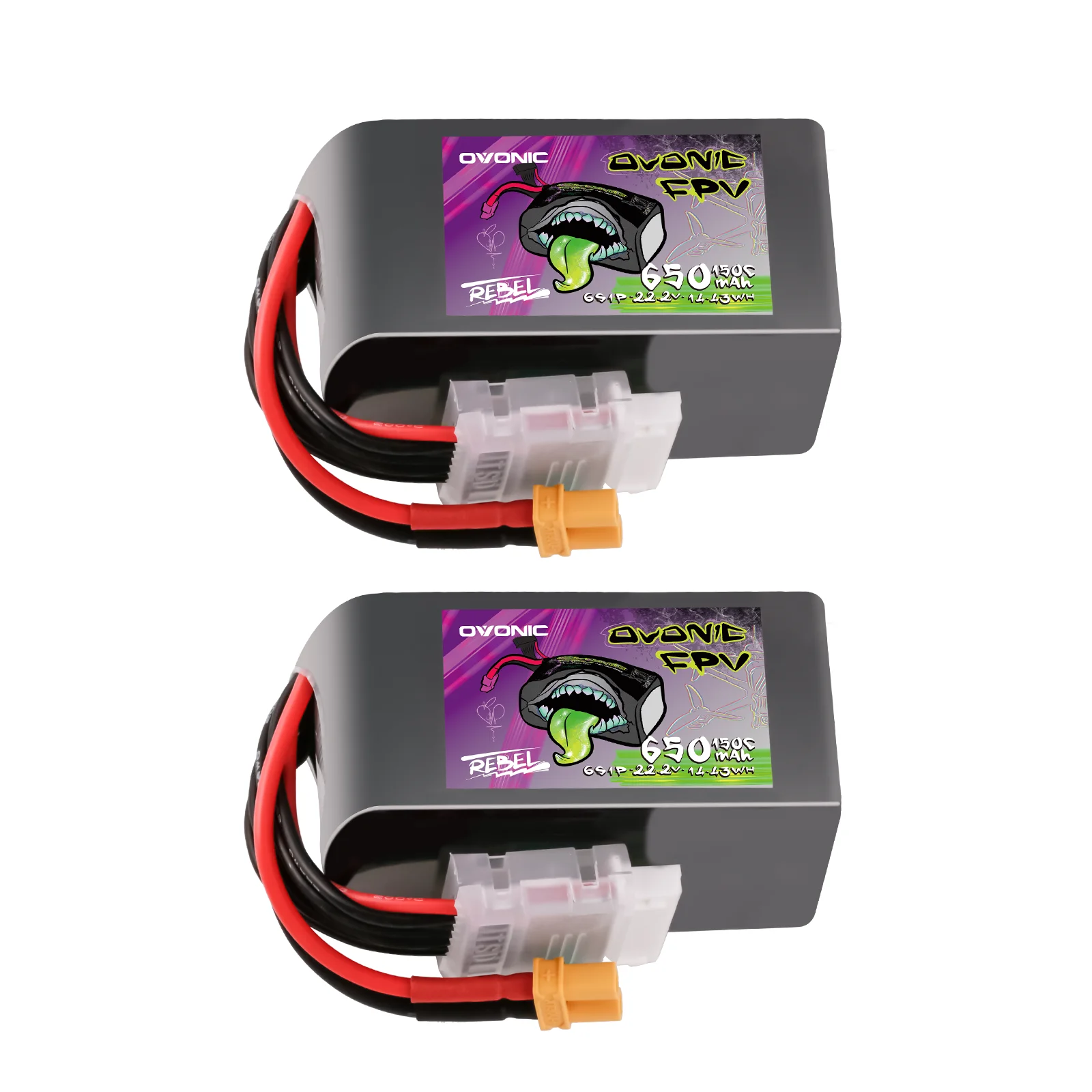 Pacco batteria Lipo Ovonic Rebel 2.0 150C 6S 650 mAh 22,2 V con spina XT30 per multirotore FPV da 2 a 2,5 pollici (2 confezioni)