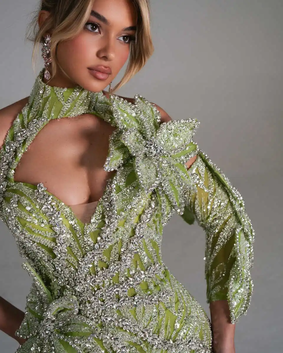 Gorgeous Crystal Evening Dresses Sequins Prom Gown Mermaid Party Dresses Long Sleeves Customize Vestidos de noche
