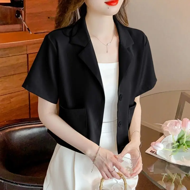 Women Summer Trendy Short Sleeve Chic Commute Single Breasted Blazers Female Korean Solid Casual Streetwear Cropped Suit Jacket