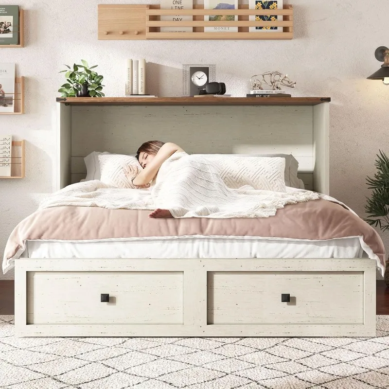 AMERLIFE Murphy Bed with Storage & Charging Station Distressed White Wood Murphy Cabinet, Farmhouse Foldable Platform Bed