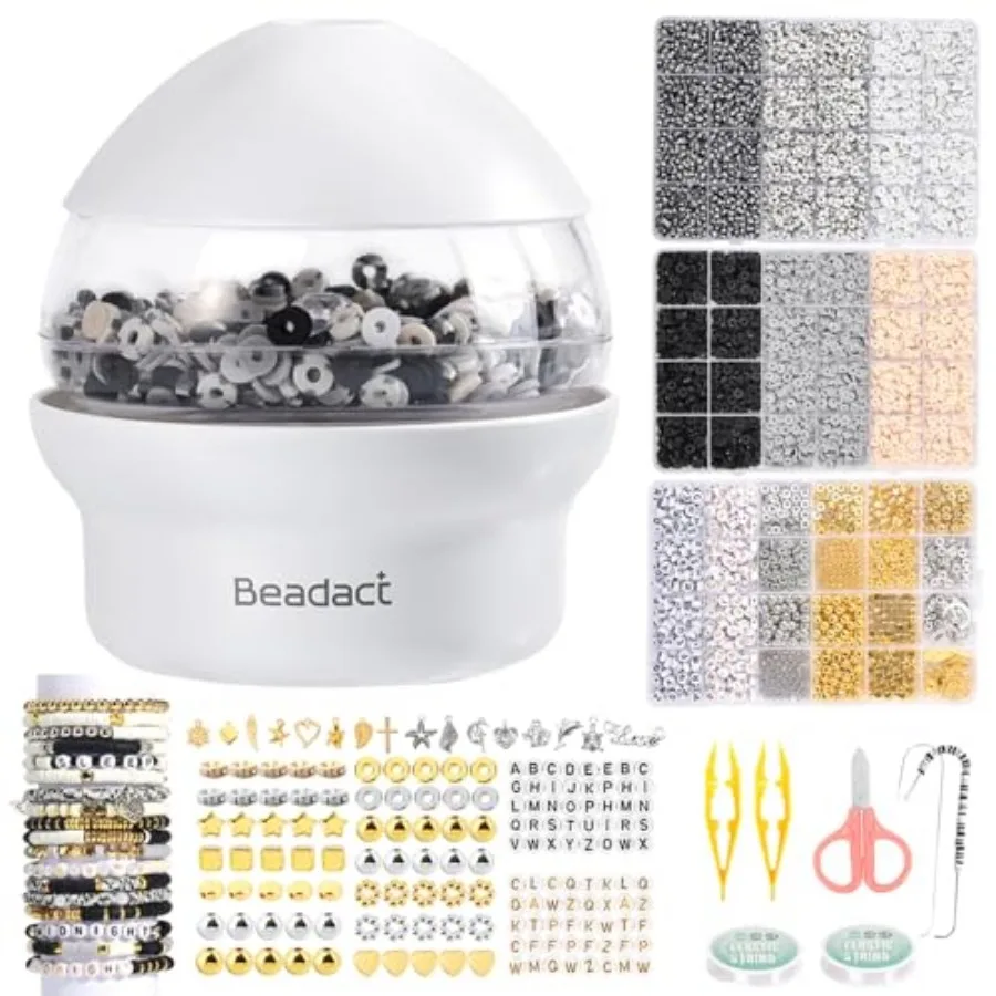 Clay Bead Spinner for Jewelry Making Kit, 86PCS Black White Gold Beads with Bracelet Spinner, Friendship Bracelet Maker for DIY