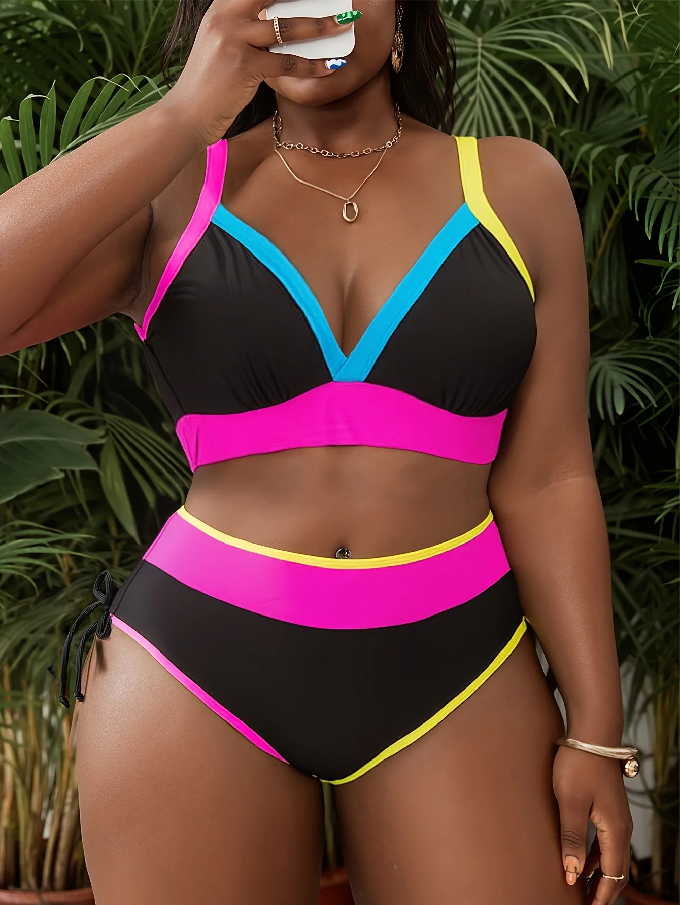 Contrast Color Plain Color Plus Size Women'S Bikini Swimsuit