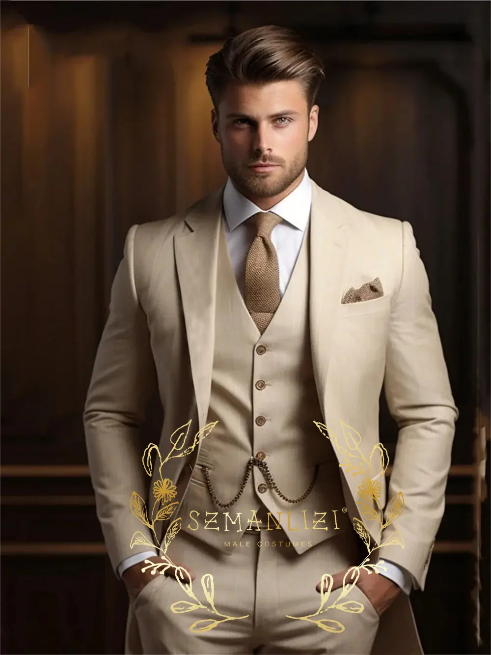 

Casual Beige Men's Suit Slim Fit Tailored Made 3-Pieces Tuxedos Formal Wedding Suit Full Set Banquet Groom's Suit