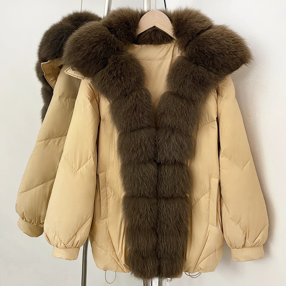 

Real Fox Fur Collar Fashion White Duck Down Jacket Ladies Winter Women Loose Vintage Parka Outerwear Short Puffer Coat Female