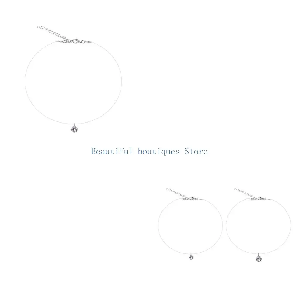 U4LF Invisible Cubic Zirconia Pendant Necklace Transparent Fishing Line Choker Gift