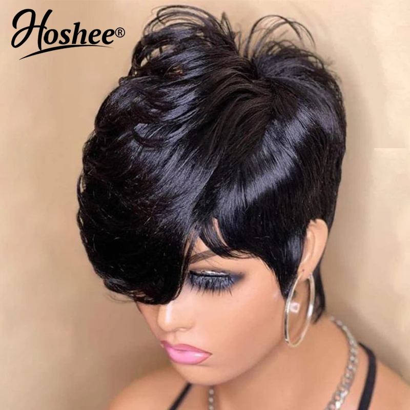 Short Pixie Cut Dovetail Straight Water Wave Glueless Wear And Go Full Machine Made Wig With Bangs Human Hair Mullet Wigs