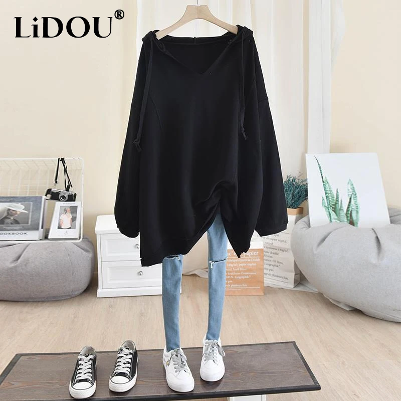 Oversize Spring Female Clothing V-neck Drawstring Solid Color Long Sleeve Pullovers Ladies Korean Style Casual Long Sweatshirts