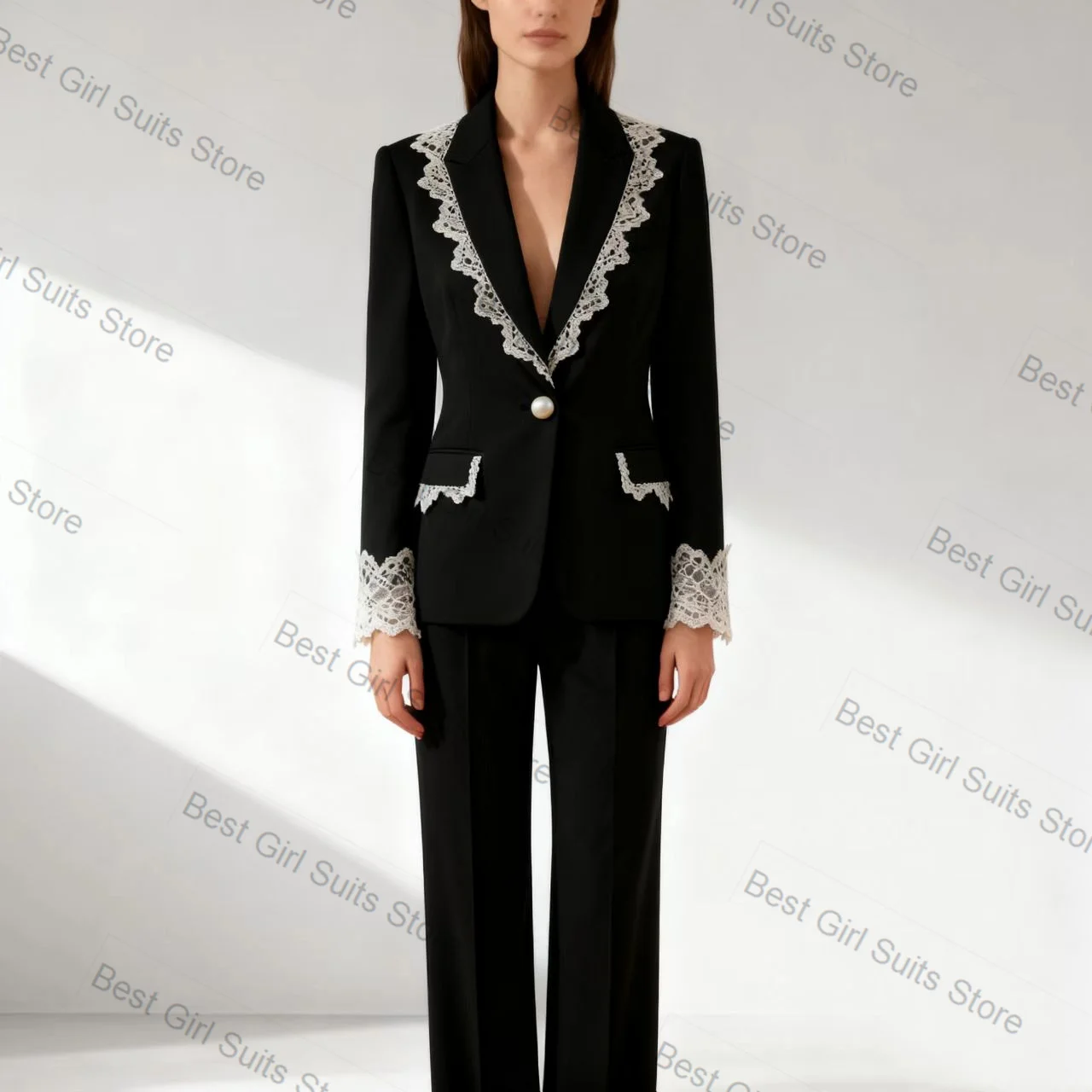 

Black White Lace Women Suit Set 2 Piece Blazer+Pants Trousers Cotton Formal Business Office Lady Jacket Customized Wedding Coat