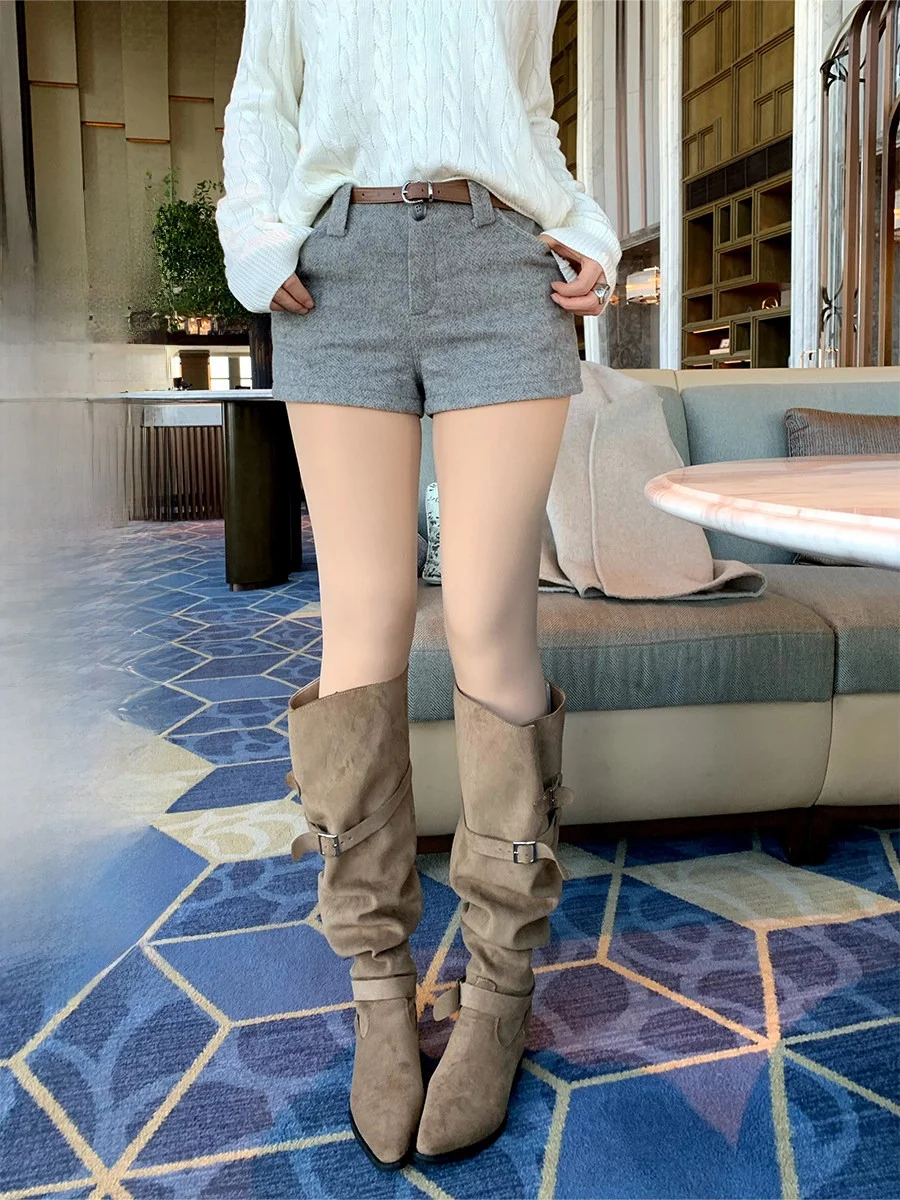 

Шерстяные повседневные брюки с высокой талией для женщин, модные, универсальные, больших размеров, осенне-зимние, прямого кроя, из смесового полиэстера