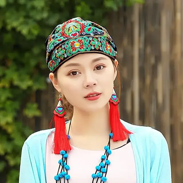 Women Mexican Style Ethnic Vintage Embroidery Flowers Travel Bandanas Red Print Hat Winter Leisure Boho Hats for Women 5 Colors