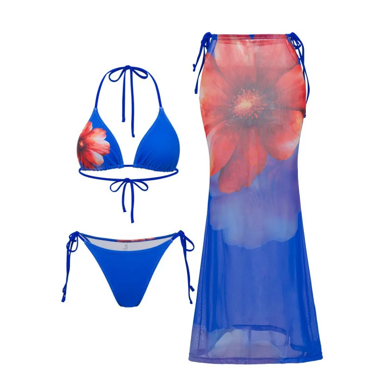 2025Hot-Selling Three-Piece Set Halter Neck Sexy Positioning Printed Long Skirt Bikini Swimsuit for Women