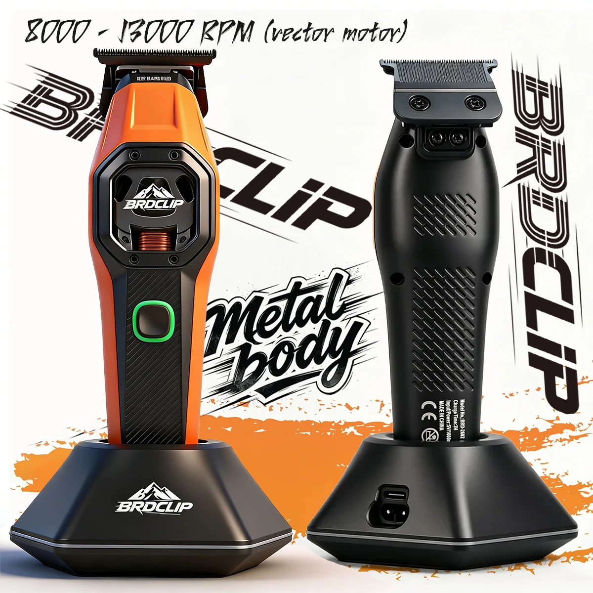BRDCLIP Professional Hair Clipper Trimmer BRD2602 8000-13000RPM Vector Motor Metal Body ABS Cover Base LED Indicator Travel Lock