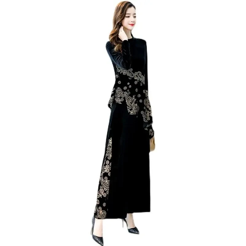 Elegant 2023Spring Slim Fit Middle-aged Women\'s Irregular Printed Velvet Wide Leg Pants Two Piece Set Women\'s Spring Autumn Sets