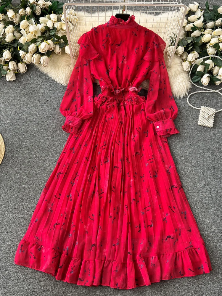 Women Elegant Print Chiffon Pleat A-line Dress Autumn High Neck Lantern Sleeves Ruffle Edge High Waist Slim Vacation Robe