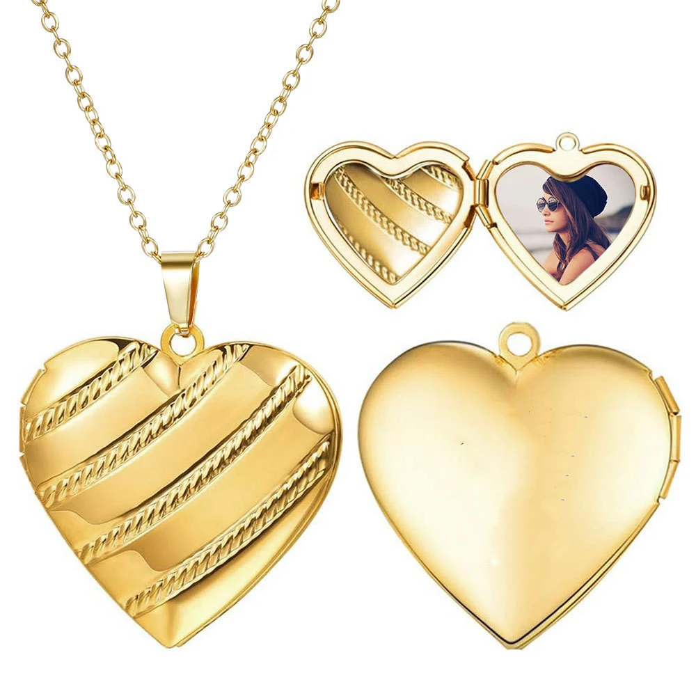 Stainless Steel Heart Pendant Necklace Striped Openable Photo Locket Necklace DIY Memory Picture Frame Jewelry Accessories