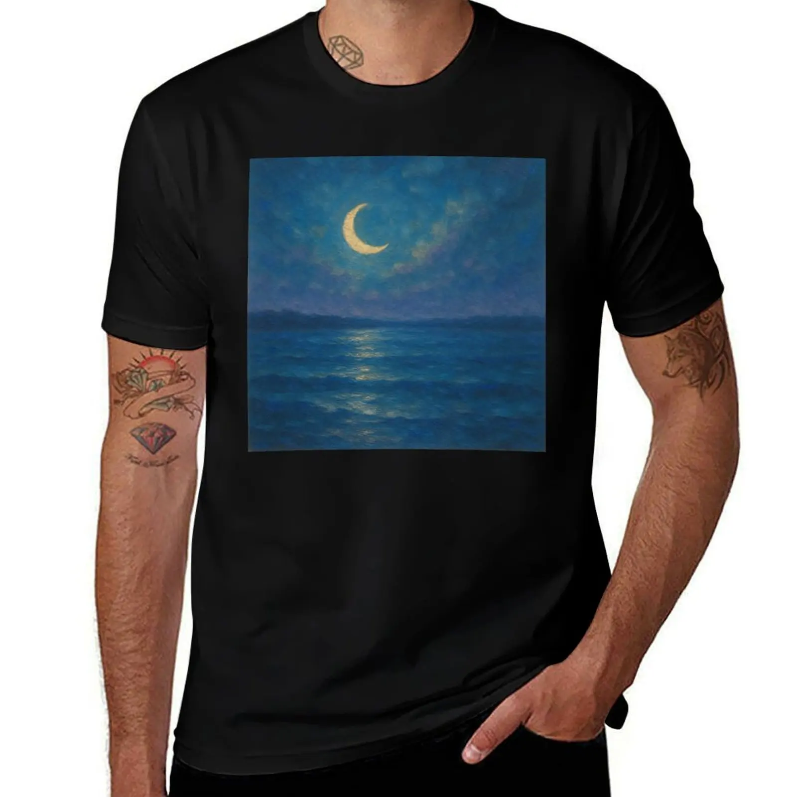 

Crescent Moon Over Tranquil Sea T-Shirt anime figures boys whites sublime mens white t shirts