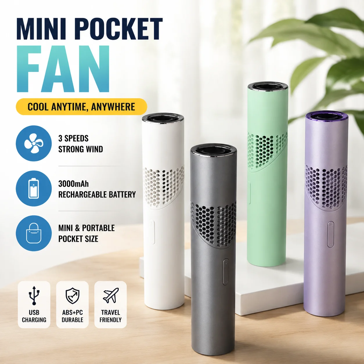 Mini Portable Rechargeable Pocket Fan, 3000mAh Battery, 3 Speeds, Foldable Lipstick Handheld Fan, ABS+PC, USB Charging, Travel